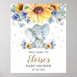 Poster Chá de fraldas de Elefante Floral de Girassol Azul