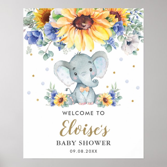 Poster Chá de fraldas de Elefante Floral de Girassol Azul (Frente)