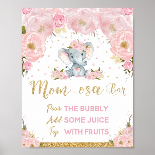 Poster Chá de fraldas de Elefante Floral Rosa, Bar Mãe-os (Frente)