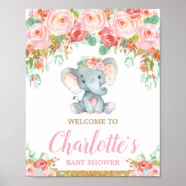 Poster Chá de fraldas de Elefante Floral Rosa Blush Bem-v