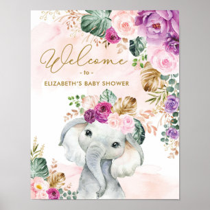 Poster Chá de fraldas de Elefante Floral Tropical Bem-vi