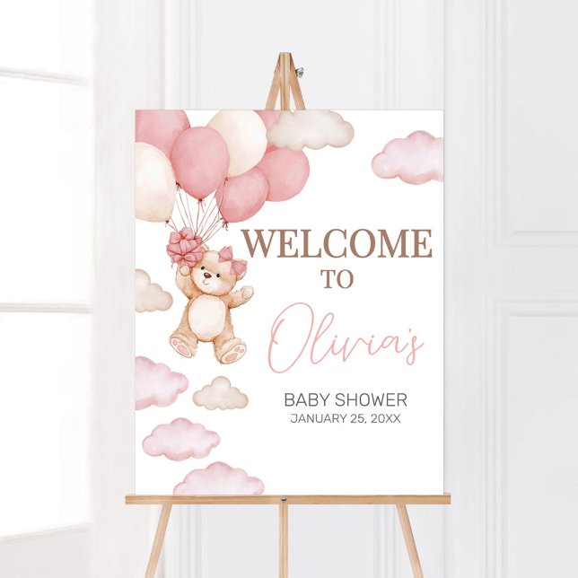 Poster Chá de fraldas de Espera do Balão de Urso Rosa Bem (Pink Baby Bear Balloon Baby Shower Welcome Sign)