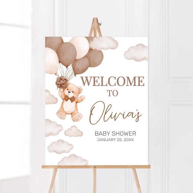 Poster Chá de fraldas de Espera do Balão do Urso Castanho (Brown Baby Bear Balloon Baby Shower Welcome Sign)