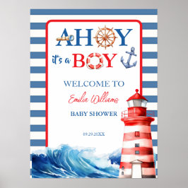 Poster Chá de fraldas de Farol do Ahoy Boy Vermelho Azul
