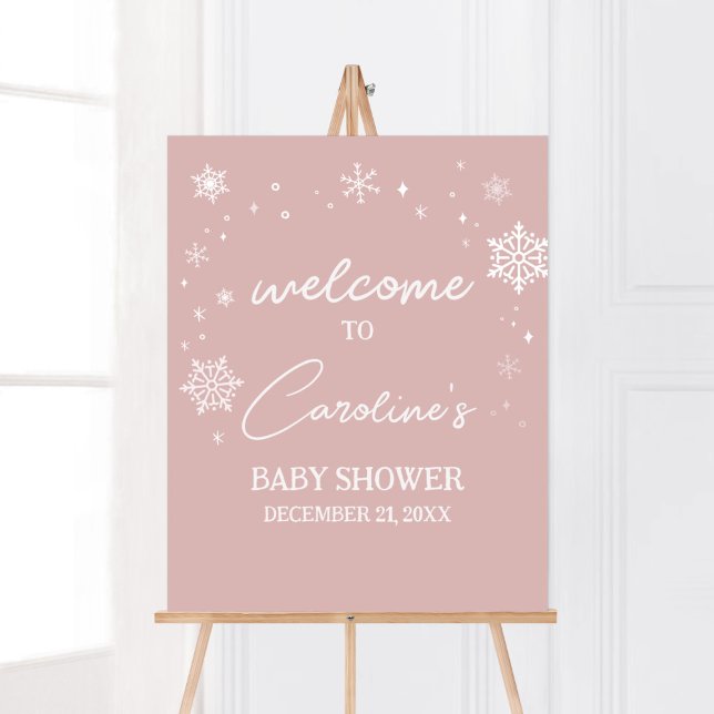 Poster Chá de fraldas de Flocos de Neve Rosa Moderno Bem- (Modern Pink Baby It's Cold Outside Baby Shower Welcome Sign)