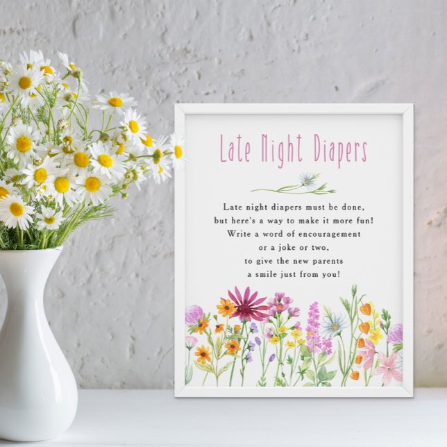 Poster Chá de fraldas de Fralda Noturna Tardia (Late Night Diapers baby shower game - Wildflower Meadow Collection - order printed or digital file)