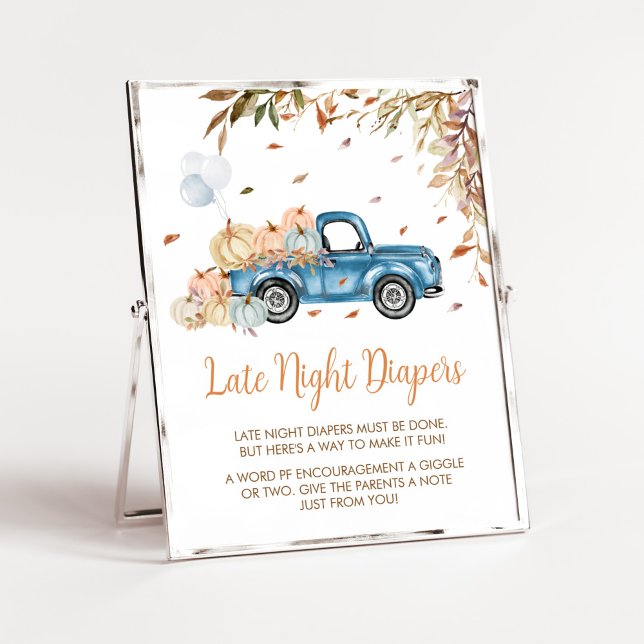 Poster Chá de fraldas de Fraldas Noturnas de Bombagem Azu (Boy Little Pumpkin Truck Baby Shower Late Night Diapers Sign)