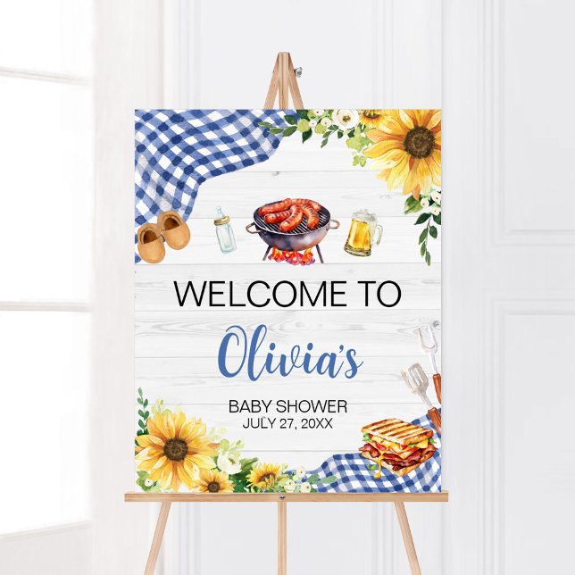 Poster Chá de fraldas de girassol azul bem-vindo (Boy Picnic Backyard Baby Shower Welcome Sign)