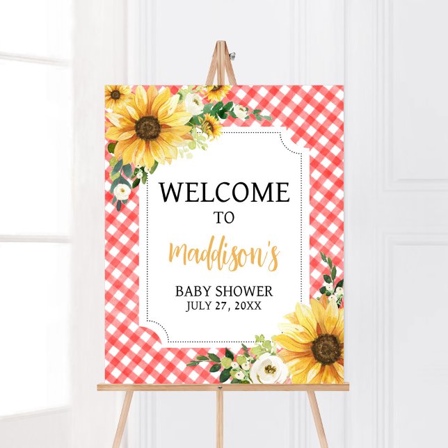 Poster Chá de fraldas de girassol picnic vermelho bem-vin (Floral Picnic Baby Shower Welcome Sign)