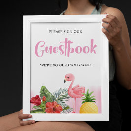 Poster Chá de fraldas de Guestbook Tropical Flamingo Rosa