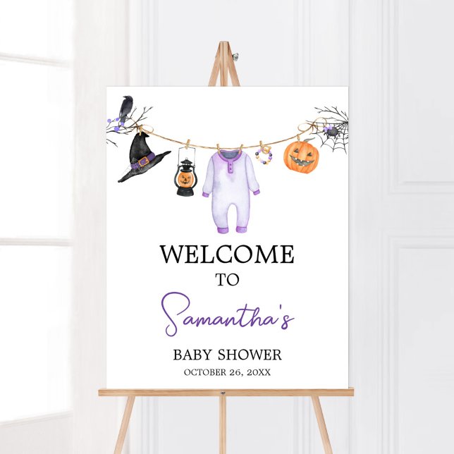 Poster Chá de fraldas de Halloween do Pequeno Boo Roxo (Halloween Baby Clothes Baby Shower Welcome Sign)