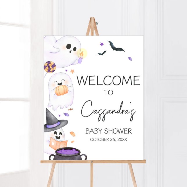 Poster Chá de fraldas de Halloween do Pequeno Boo Roxo (Purple Little Boo Baby Shower Welcome Sign)