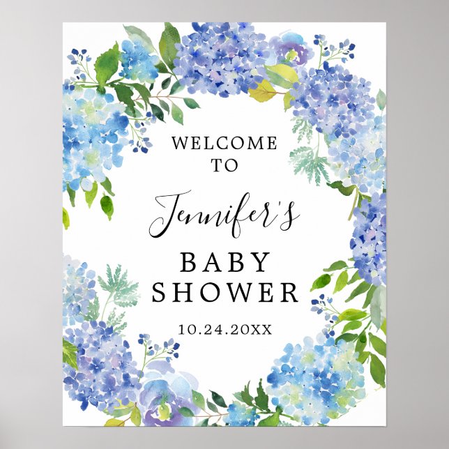 Poster Chá de fraldas de Hydrangea Rustic Blue Watercolor (Frente)