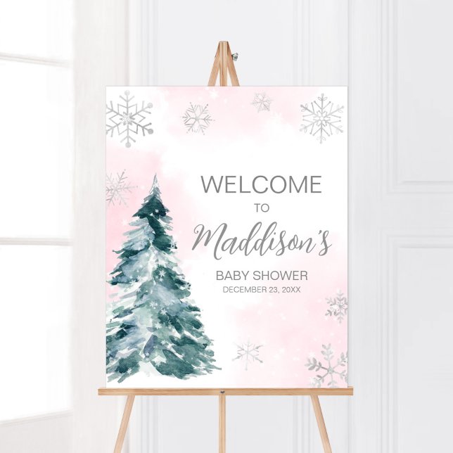 Poster Chá de fraldas de inverno cor-de-rosa frio (Pink Silver Pine Tree Baby Shower Welcome Sign)