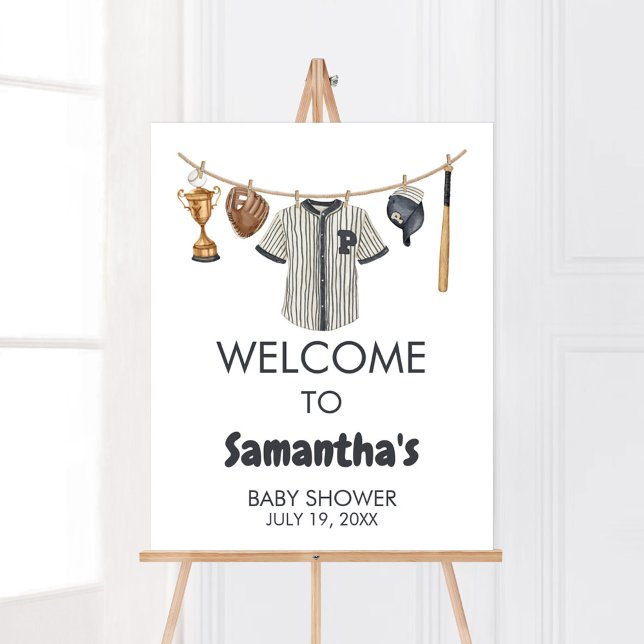 Poster Chá de fraldas de lâmina de beisebol pequeno bem-v (Baseball Little Slugger Clothesline Baby Shower Welcome Sign)
