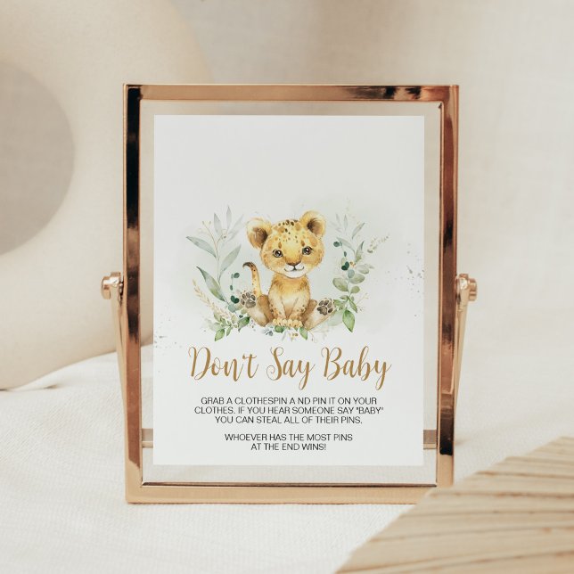 Poster Chá de fraldas de Leão Verde Não Diga Amor (Gender Neutral Lion Jungle Baby Shower Don't Say Baby Sign)