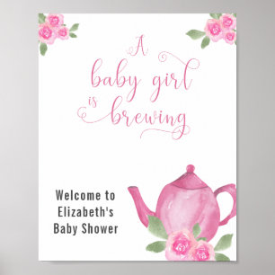Poster Chá de fraldas de Menina, Bule Rosa e Flores, bem