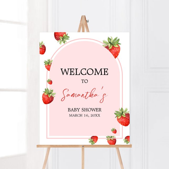 Poster Chá de fraldas de Morango Vermelho Bem-vindo (Boho Berry Sweet Baby Shower Welcome Sign)