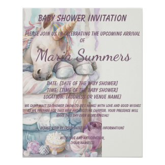 Pôster Chá de fraldas de Pastel de Aquarela do Unicorn qu