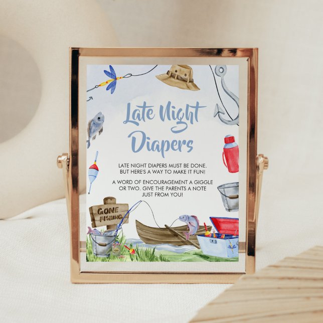 Poster Chá de fraldas De Pesca Fraldas Noturnas Atrasadas (Little Fisherman Baby Shower Late Night Diapers Sign)