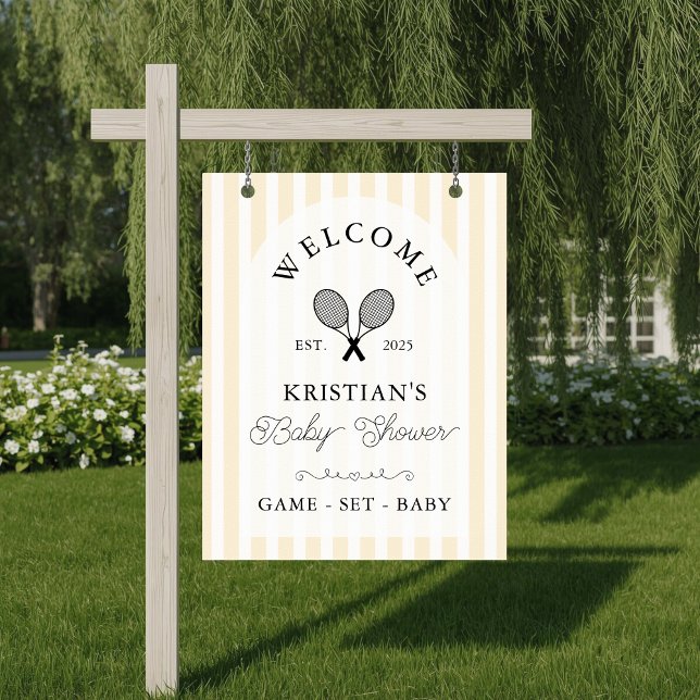 Poster Chá de fraldas de pré-disquete amarelo de boas-vin (elegant yellow striped baby shower welcome sign for tennis theme preppy chic event with arch design)
