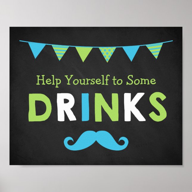 Pôster Chá de fraldas de quadro de bigode azul e verde (Frente)