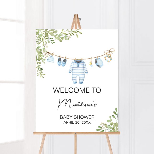 Poster Chá de fraldas de roupas de bebê azul bem vindo (Boho Baby Clothes Baby Shower Welcome Sign)