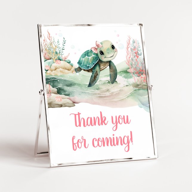 Poster Chá de fraldas de Tartaruga do Mar Garota Obrigado (A Little Hatching Is On the Way Baby Shower Thank you for Coming Sign)