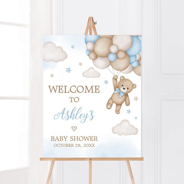 Poster Chá de fraldas de Urso Azul Bem-vindo (Blue Bear Baby Shower Welcome Sign)