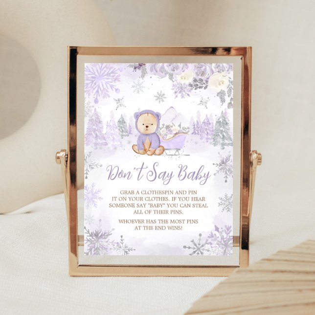Poster Chá de fraldas de Urso de Inverno Roxo Não Diga Am (Purple Teddy Bear Baby Shower Don't Say Baby Sign)