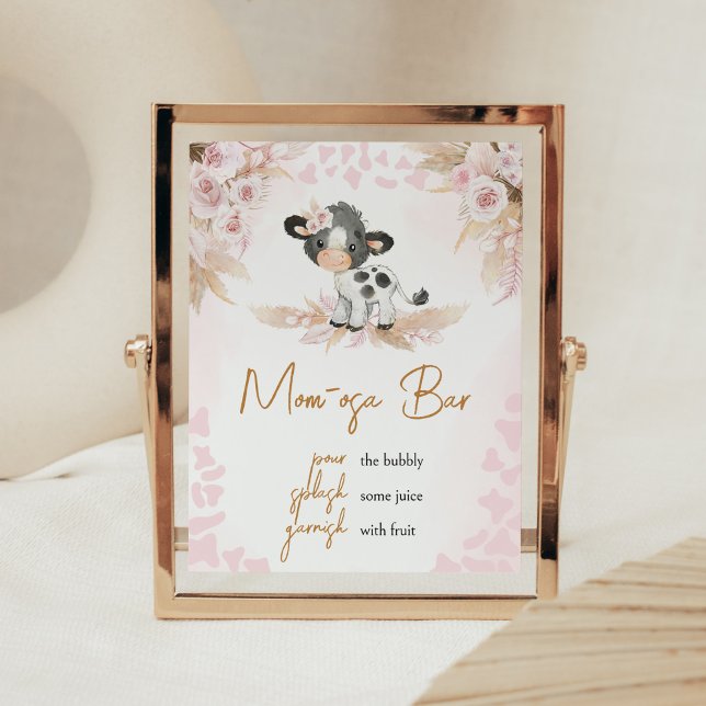 Poster Chá de fraldas de vaca rosa, mãe, Bar de Osa (Highland Cow Baby Shower Mom Osa Bar Sign)