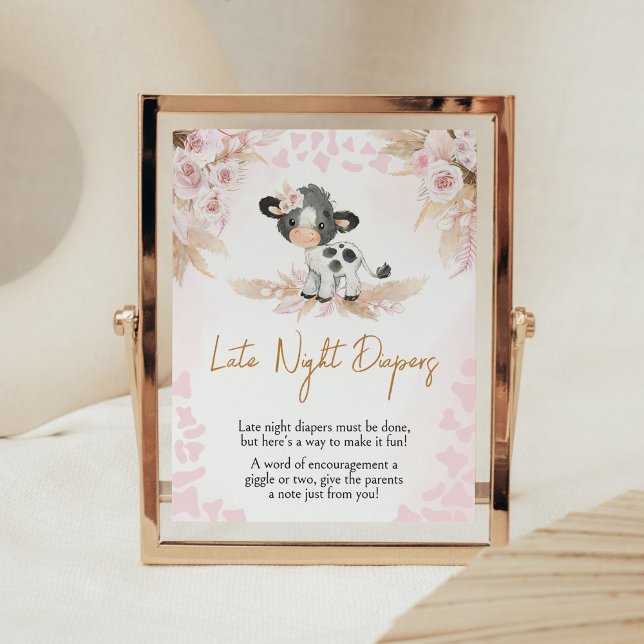 Poster Chá de fraldas de vaca sagrado rosa Fraldas noturn (Highland Cow Baby Shower Late Night Diapers Sign)