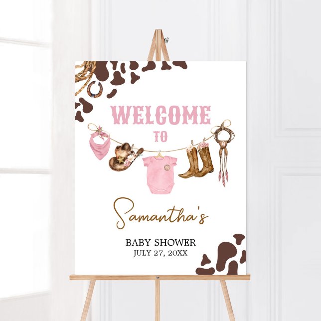 Poster Chá de fraldas de vaquinha bem-vindo (Pink Western Rodeo Baby Shower Welcome Sign)