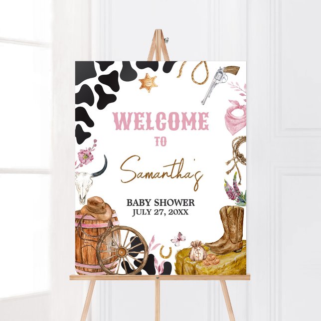Poster Chá de fraldas de vaquinha ocidental bem-vindo (Country Cowgirl Rodeo Baby Shower Welcome Sign)