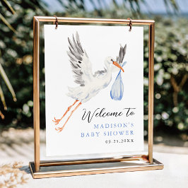 Poster Chá de fraldas de Watercolor Stork Blue Boy Welcom