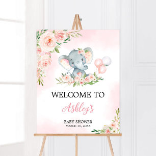 Poster Chá de fraldas do Balão de Elefante Floral Rosa Be