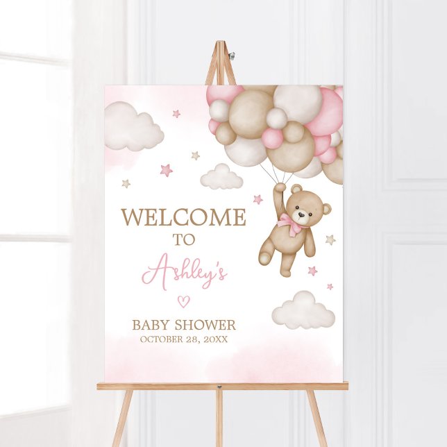 Poster Chá de fraldas do Balão de Urso Rosa Bem-vindo (Girl Bear Baby Shower Welcome Sign)