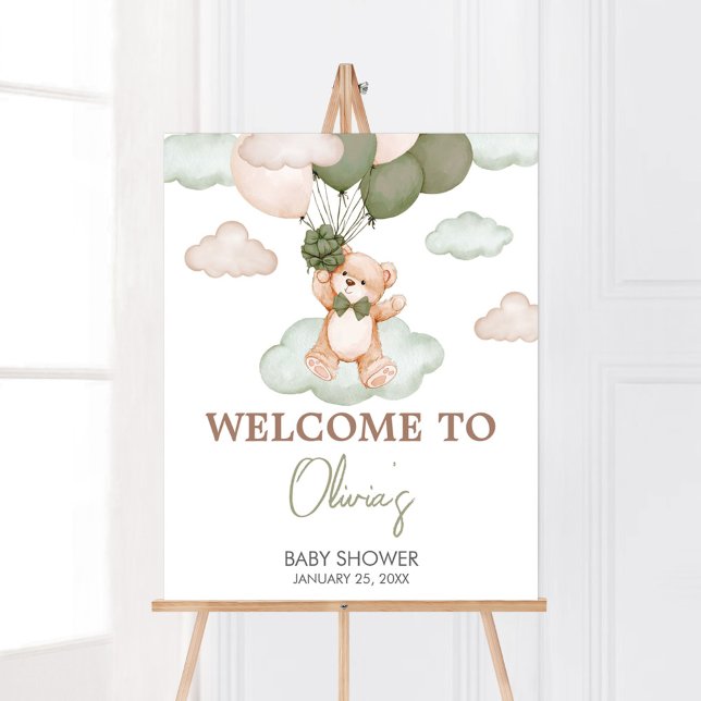 Poster Chá de fraldas do Balão do Bear Verde Bem-vindo (Green Bear Balloon Bearly Wait Baby Shower Welcome Sign)