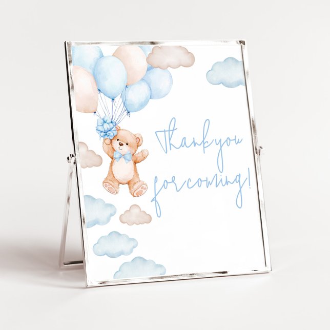 Poster Chá de fraldas do Balão do Urso Azul Obrigado por  (Blue Baby Bear Balloon Baby Shower Thank you for Coming Sign)