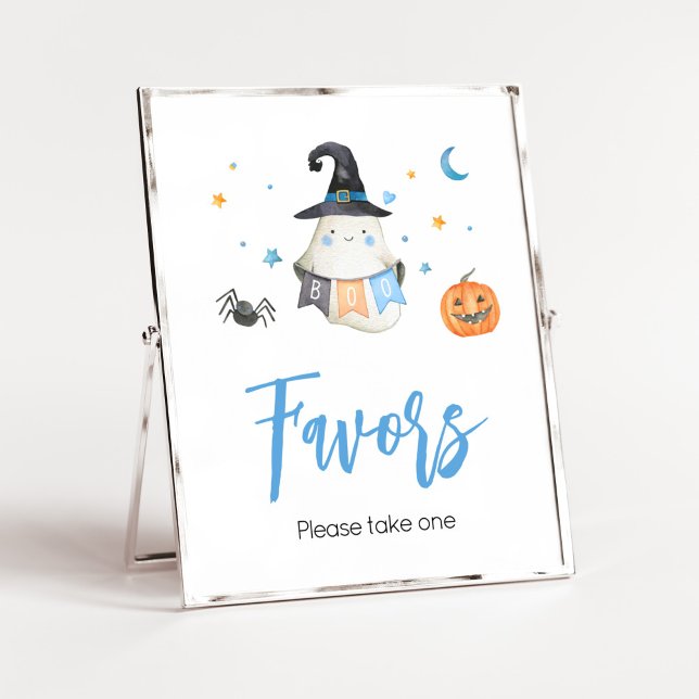 Poster Chá de fraldas do Blue Halloween Ghost Little Boo  (Little Boo Baby Shower Favors Sign)