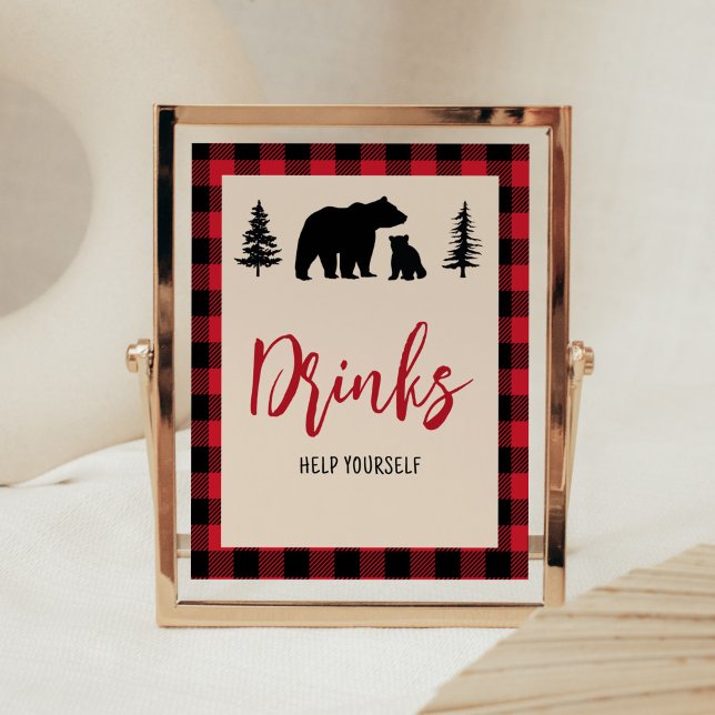 Poster Chá de fraldas Do Cubo Do Urso xadrez (Bear Cub Plaid Lumberjack Baby Shower Drinks Sign)