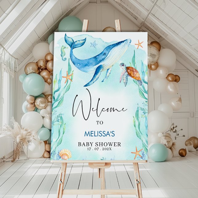 Pôster Chá de fraldas do Mar Azul de Aquarela Boas-vindas (Under the Sea Baby Shower Welcome Sign Template, Editable Ocean Themed Baby Shower Welcome Sign Boy)
