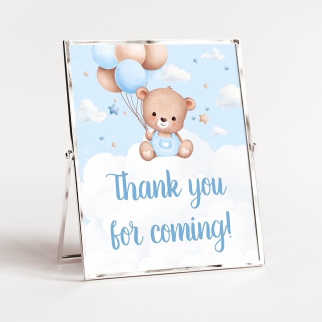 Poster Chá de fraldas do Urso Azul Obrigado (Blue Boy Teddy Bear Clouds Balloon Baby Shower Sign)