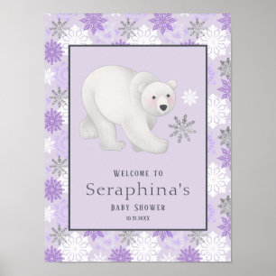 Poster Chá de fraldas do Urso Polar de inverno Roxo Bem-v
