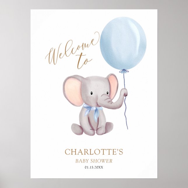 Poster Chá de fraldas Elefante Blue Balloon (Frente)