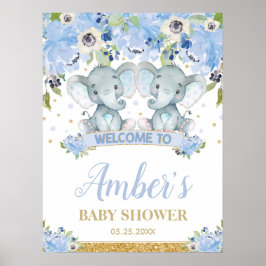 Poster Chá de fraldas Elefante Blue Floral Twin Boys Bem-