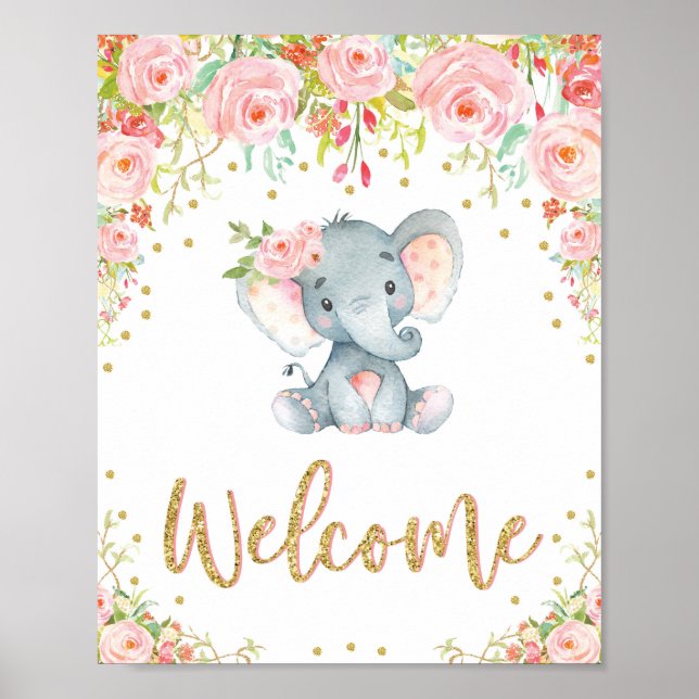 Poster Chá de fraldas Elefante Cor-de-Rosa Boho Decência  (Frente)