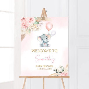Poster Chá de fraldas Elefante de Balão Rosa Bem-vindo