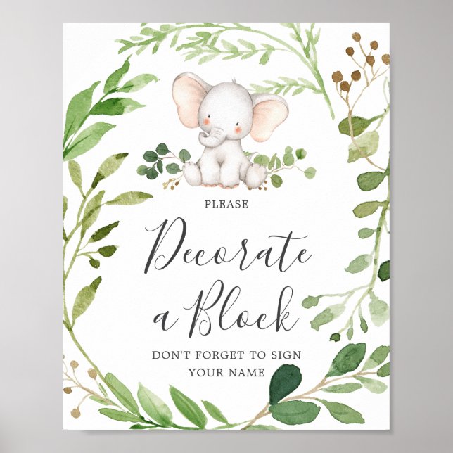 Poster Chá de fraldas Elefante Decorre Um Sinal De Bloco (Frente)