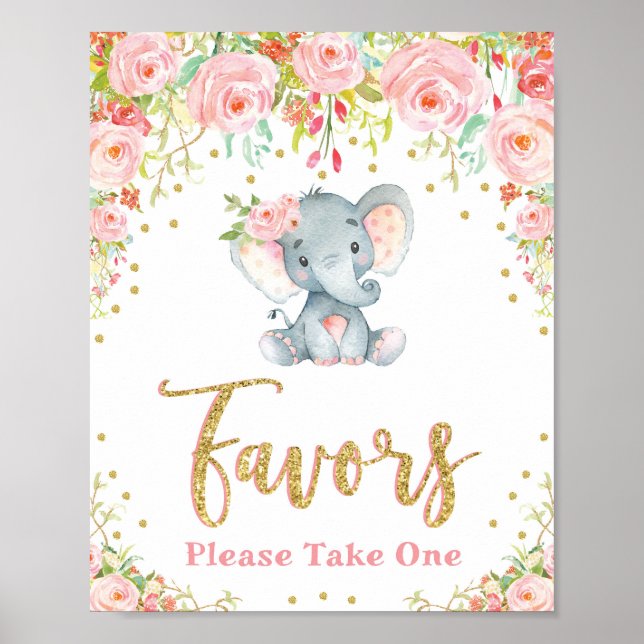 Poster Chá de fraldas Elefante Favorece Rosas Rosa Sinais (Frente)